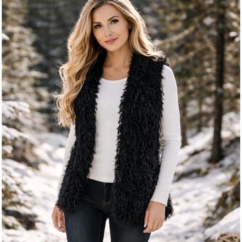 Simply‎ Vera Vera Wang Womens S M Black Faux Fur Sherpa Sheep Vest Quilted Lined